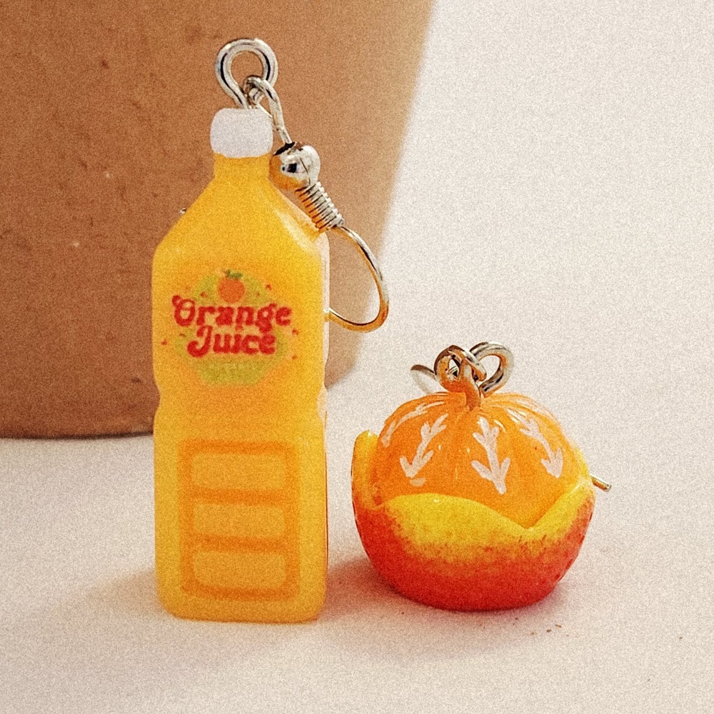 Orange Juice Bottle and Peeled Orange Mismatched Dangle Earrings Novelty Resin